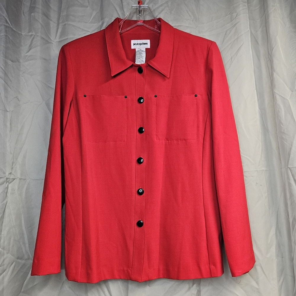 Perceptions 90s Christmas Red Black Button Front Long Sleeve Versatile Blouse